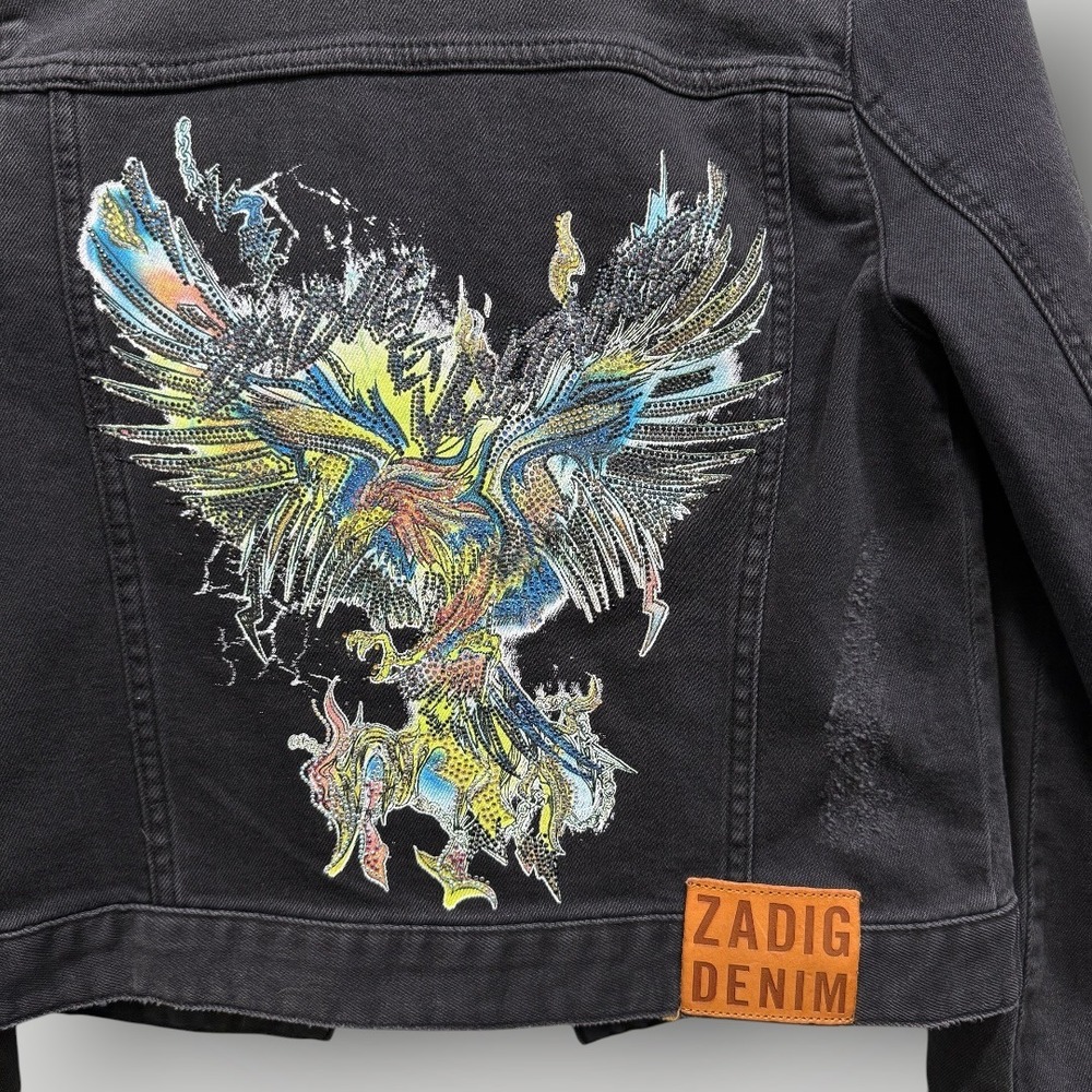 Zadig & Voltaire Y2K Kioky Grunge Black Denim Jacket Rhinestone Eagle XS - Picture 5 of 11